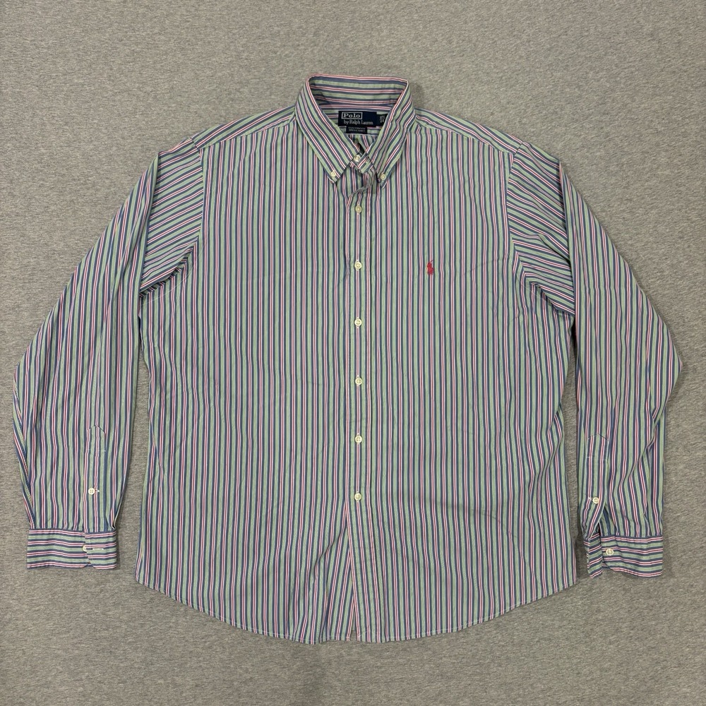 Vintage Polo Ralph Lauren Dress Shirt Men's Size 17.5 44 Green Red Blue Striped
